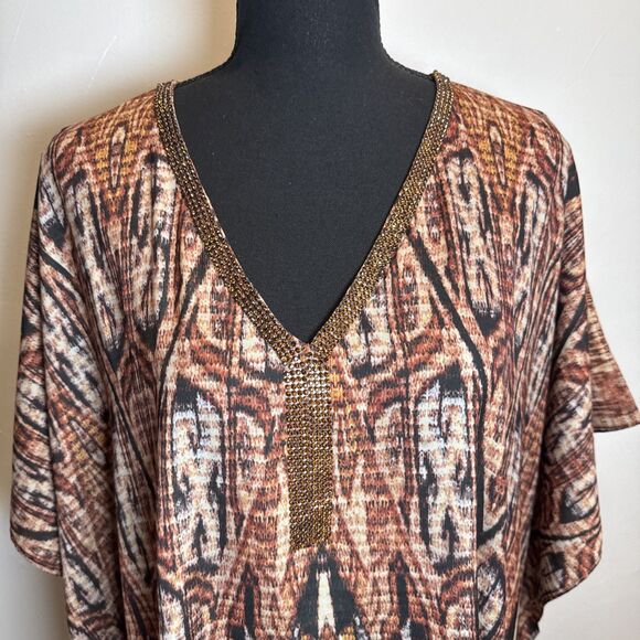 Chico's Brown Geometric Southwest with Beaded Neckline Poncho Top Women's Size S - Picture 2 of 14